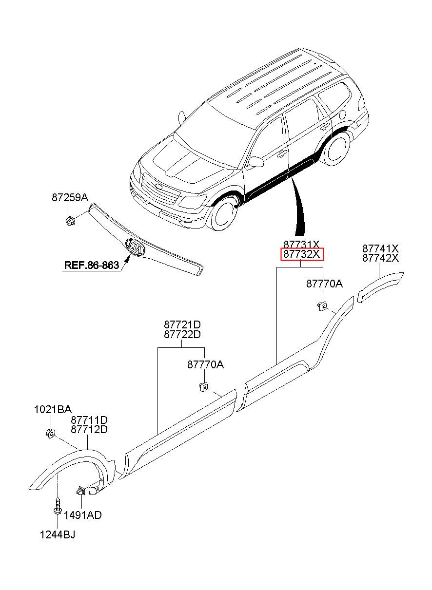 KIA (KS), MOHAVE (BORREGO) 07, GARNISH ASSY-RR DR SIDE RH